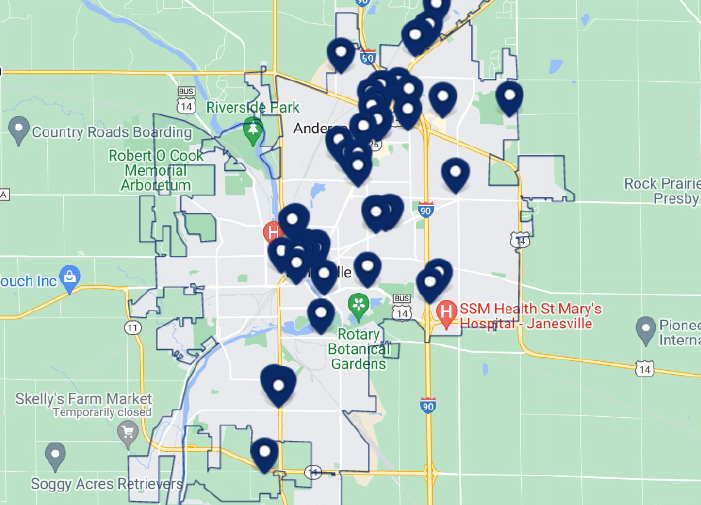 Locations of available commercial buildings within a community's boundaries identified on a map.